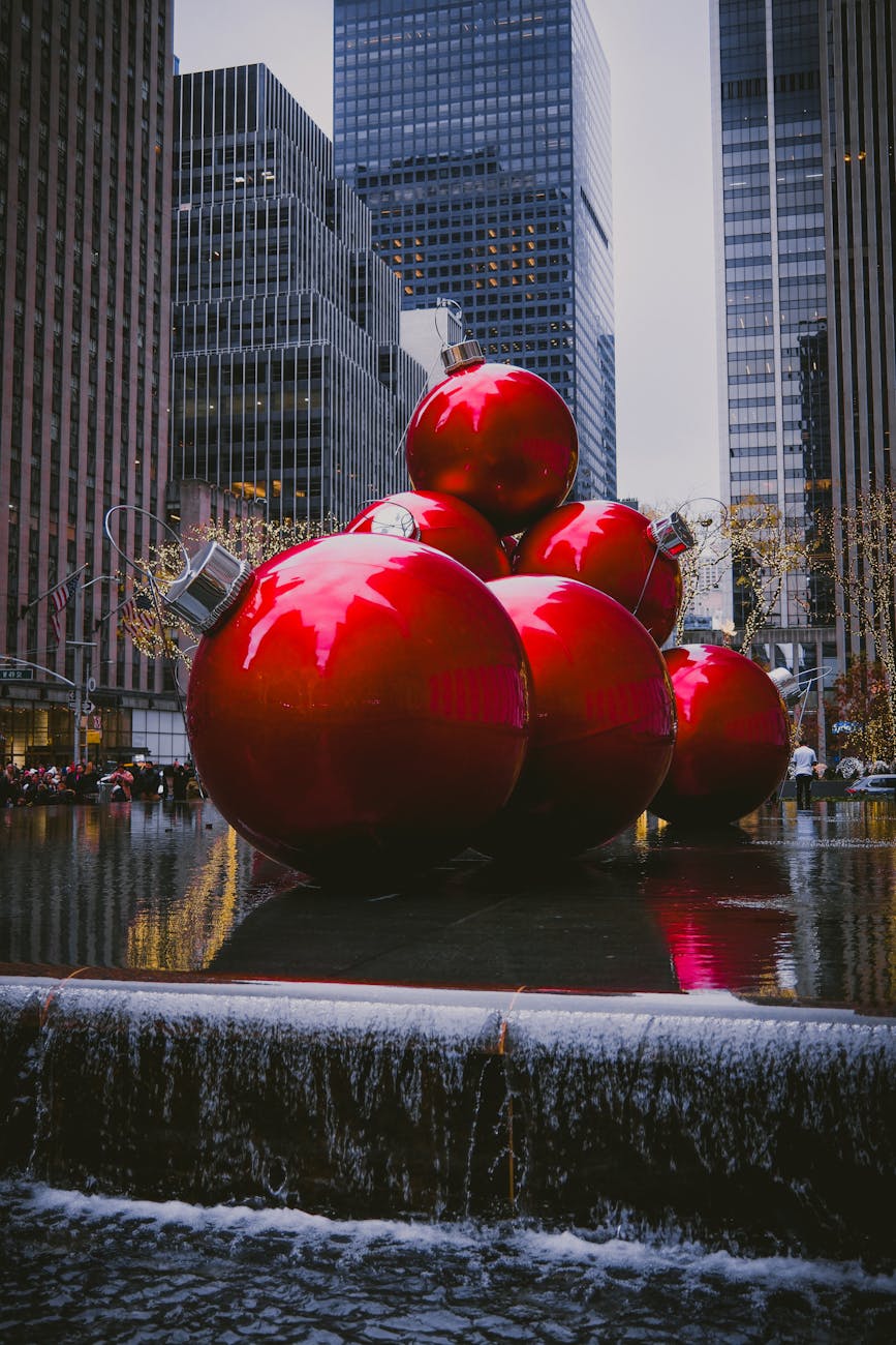 giant christmas ornaments in nyc plaza