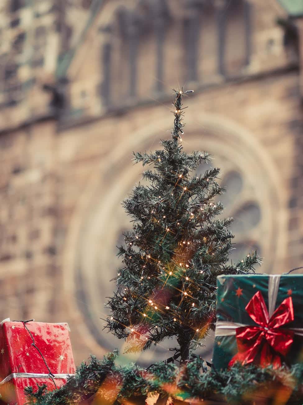 festive christmas tree at holiday market