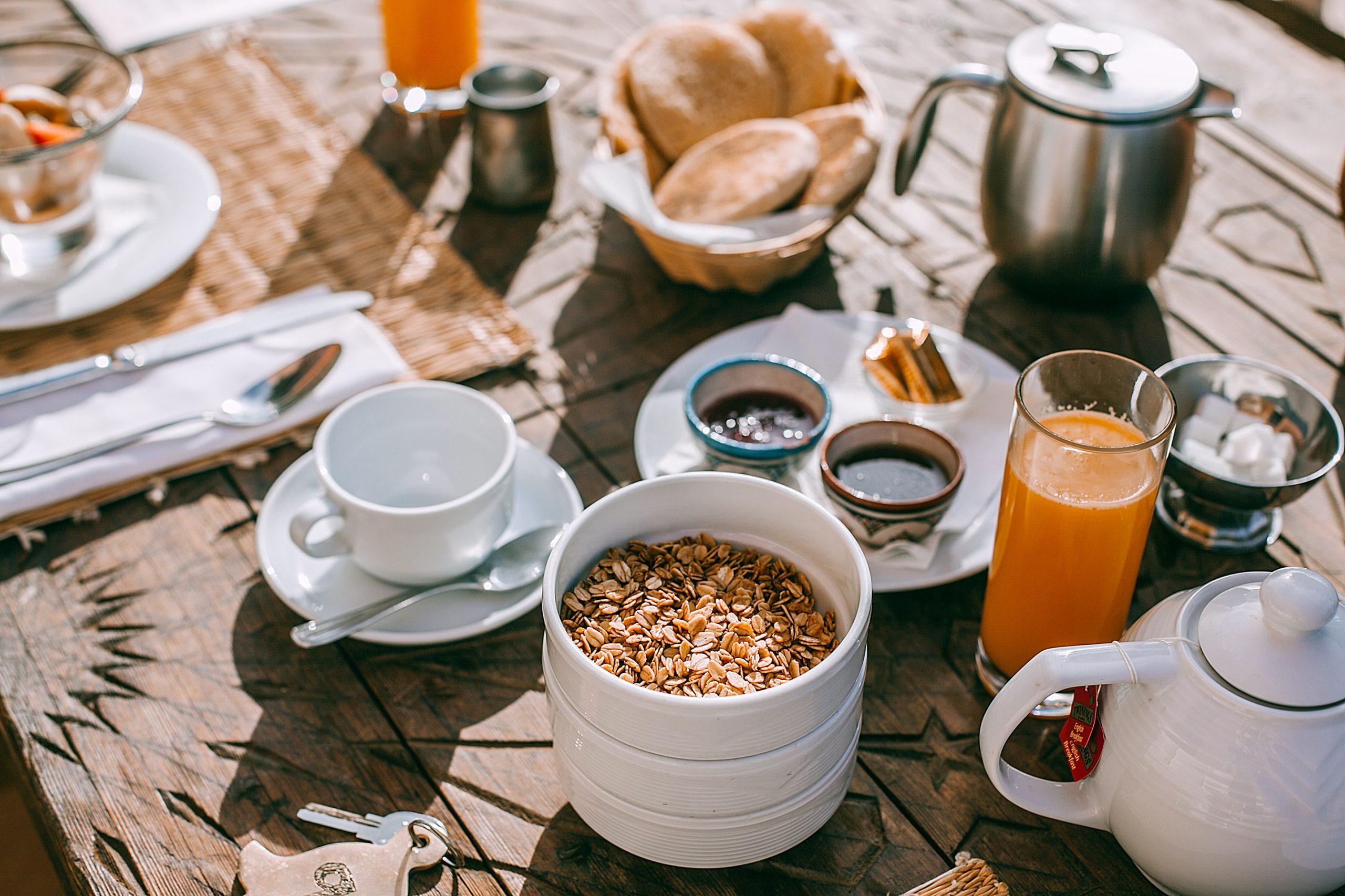 Served table with breakfast on